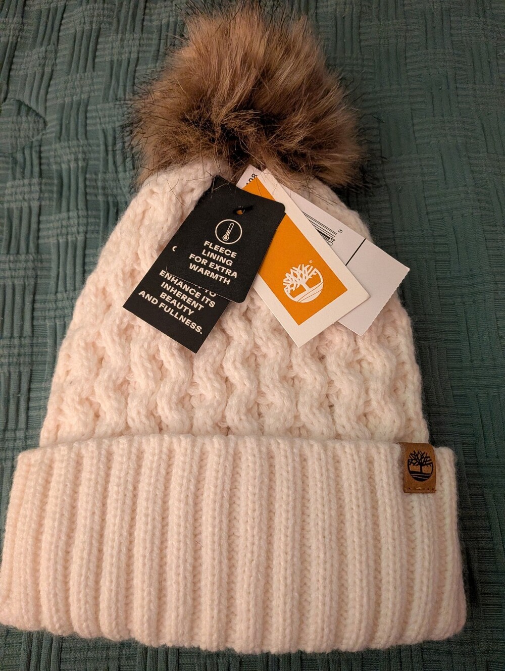Timberland Cream Cable Knit Beanie with Faux Fur Pom